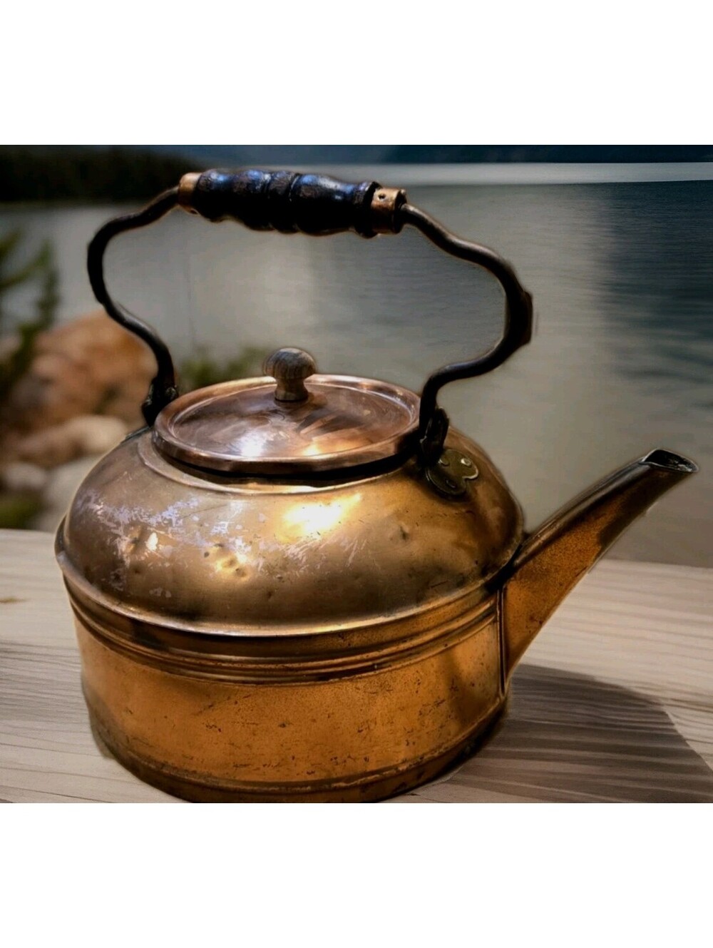 Large Copper Tea Kettle with Wooden Handle Lid Not Original 22 Cups 176oz Dents